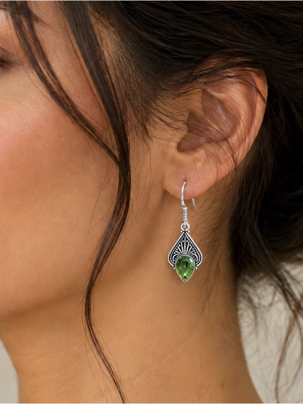 Teardrop Green Peridot Sterling Silver 1.8” Dangle Earrings - Picture 3 of 5